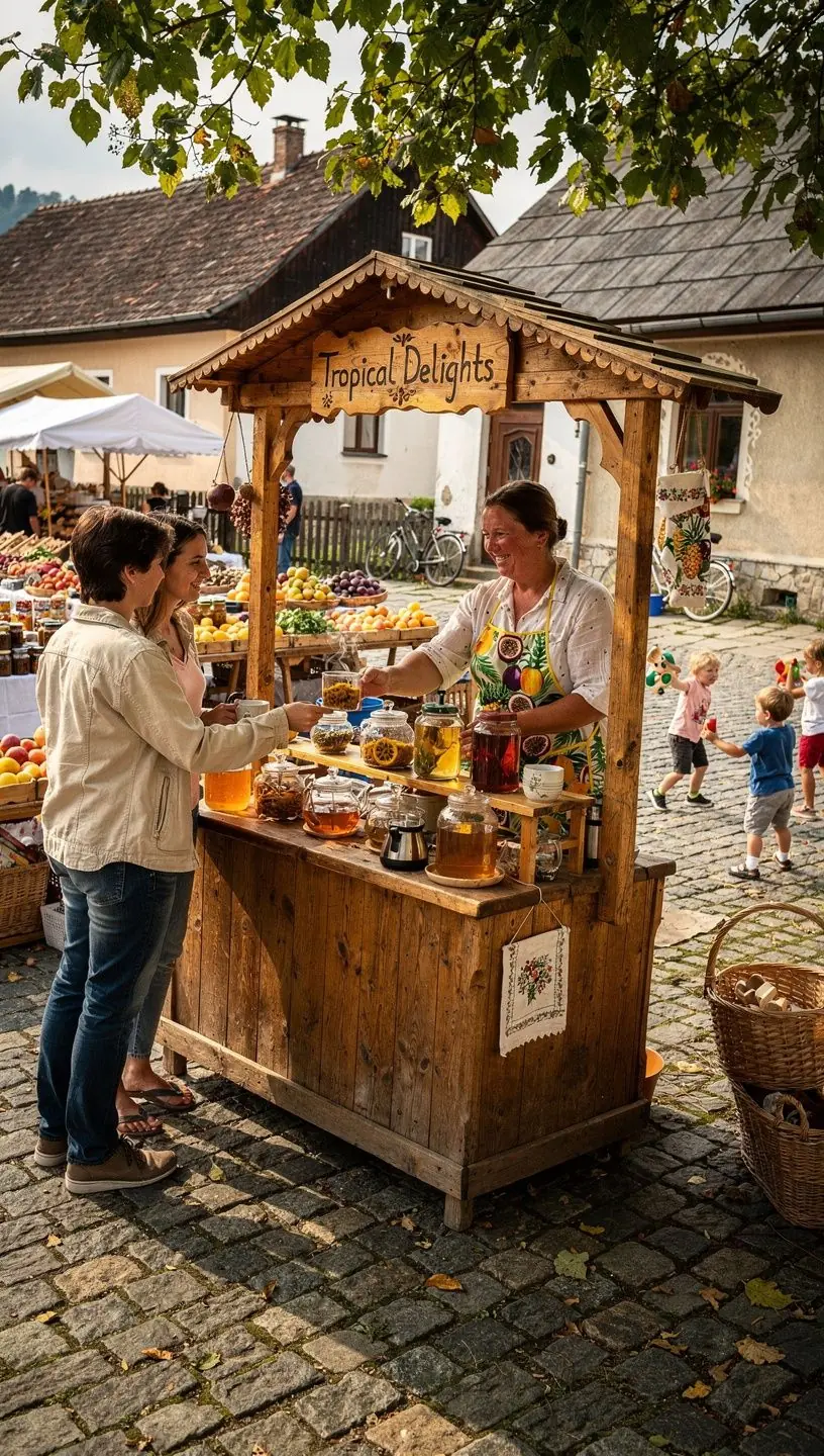 Pohár mučenkového čaju s farebnými plodmi a okrajom z cukru