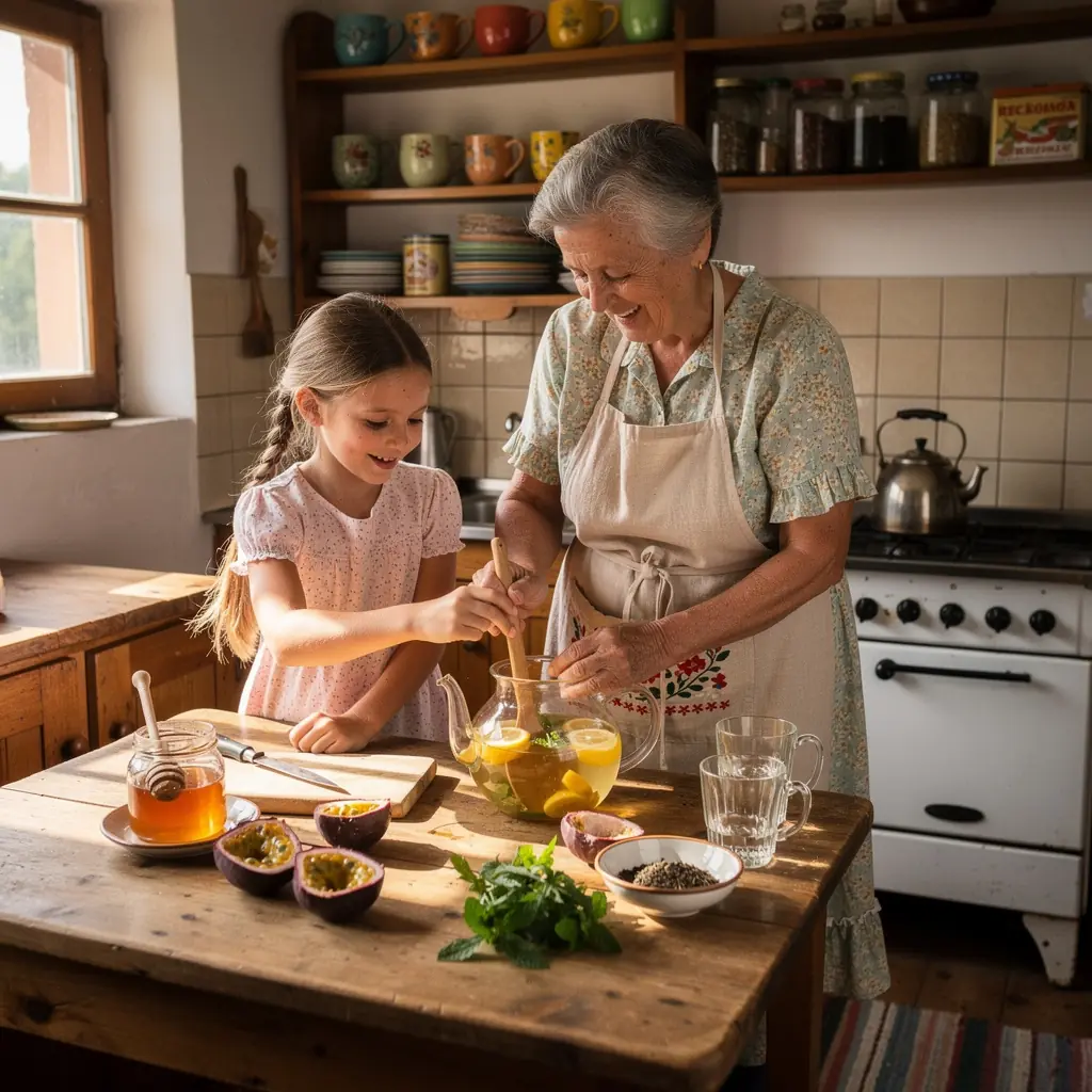 Čaj z mučenky podávaný v sklenenej nádobe s plátkami exotického ovocia.