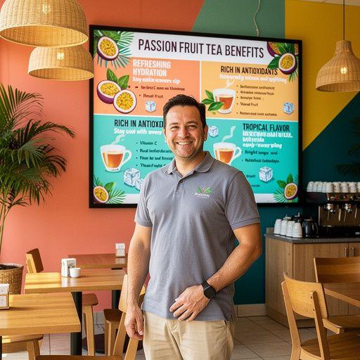 Záber na čerstvé marakuje a listy čaju, zobrazené na drevenom pozadí.